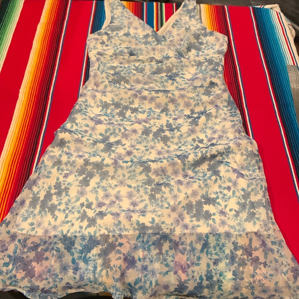 Blue & Lavender Floral Pattern Sheer Dress, 31” from bust line. Little stretch.